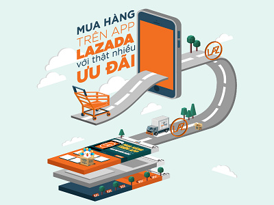 LAZADA app buy glowing glowingstudio illustration. info infographic lazada phone road vietnam