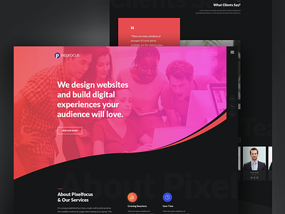 Pixelfocus - One Page PSD Template Darktheme agency business creative darkthteme design icon interface pk portfolio ui ux
