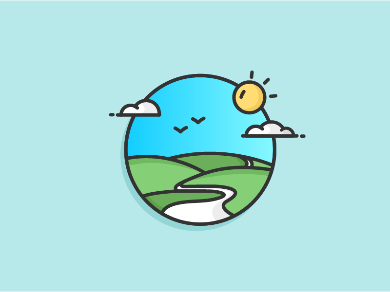 Green Hill Road hill green road birds blue sky sun cloud outline icon illustration