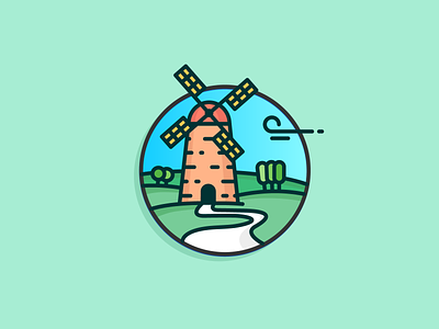 Windmill blue sky clean field green icon icon a day icon artwork illustration netherlands outline road tree wind windmill