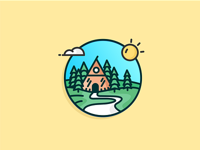 The Cabin blue sky cabin clean icon icon design illustration jungle outline road sun tree woods