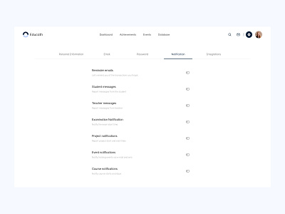 Educath: Notification Interaction components configuration dashboard dashboard ui data management data table design desktop editor form hover interface management report saas dashboard setting settings setup ui ux