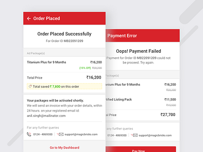 Order Place & Failure after payment order payment failed payment successful