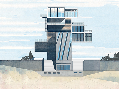 Illustration for simulation of enterprise management building construction facade game retrofuturism simulator watercolor