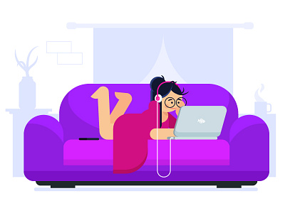 Working From Home asian girl home illustration laptop music red sofa work