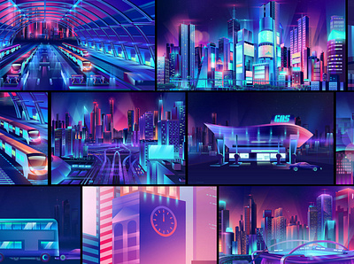 Collection of illustrations branding contemporary design illustration illustrator outrun pabloladosa synthwave vector vectorart