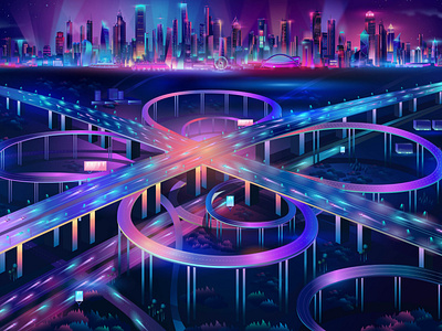 Intersection / Cyberpunk / Synthwave Illustration