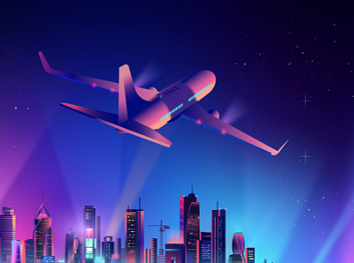 Plane over city contemporary design illustration illustrator neon pabloladosa synthwave vector vectorart