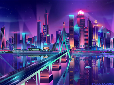 😊✨City bridge animated animation branding city contemporary design illustration illustrator motion neon outrun synthwave vector vectorart