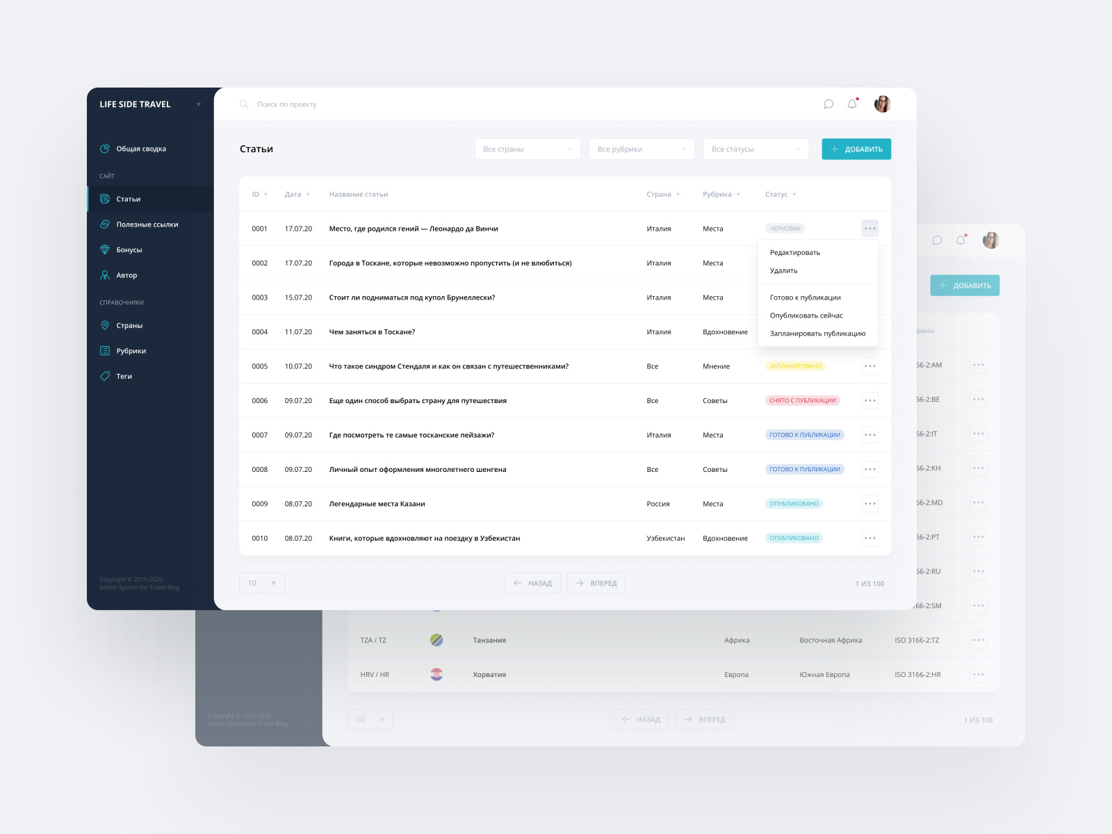 Admin panel for Travel Blog - Pages by Valentina Bochareva on Dribbble