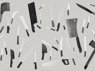 Sacrifice black and white illustration knife knives lettering old and new project swirls textures