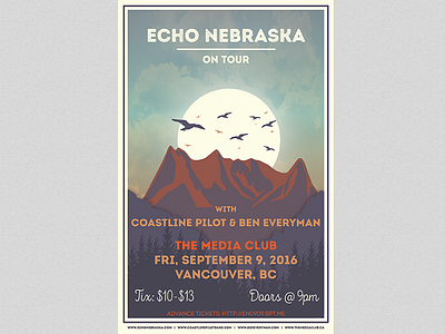 Echo Nebraska on Tour Fall 2016 birds gig poster mountain music concert poster off white purple sky