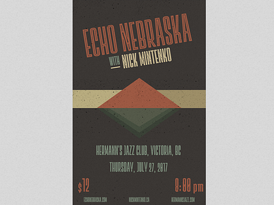 Echo Nebraska at Hermann's Jazz Club in Victoria, BC art deco band concert concert poster gig poster green live band music red triangle victoria yellow