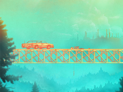 In the Woods bridge car crime forest handcuff illustration industrial rod suspicious woods