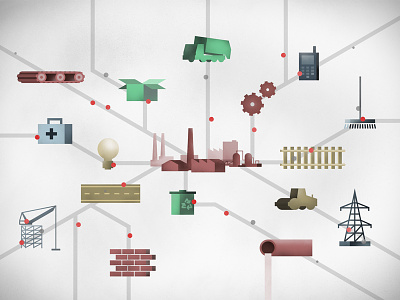Supply Chain connected educational explainer illustration info graphic map supply chain workspace