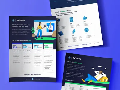 SafeWire Sales One-Pagers blockchain blue fast flier flyer green icons illustration navy relationship safe sales sales sheet secure wire fraud yellow