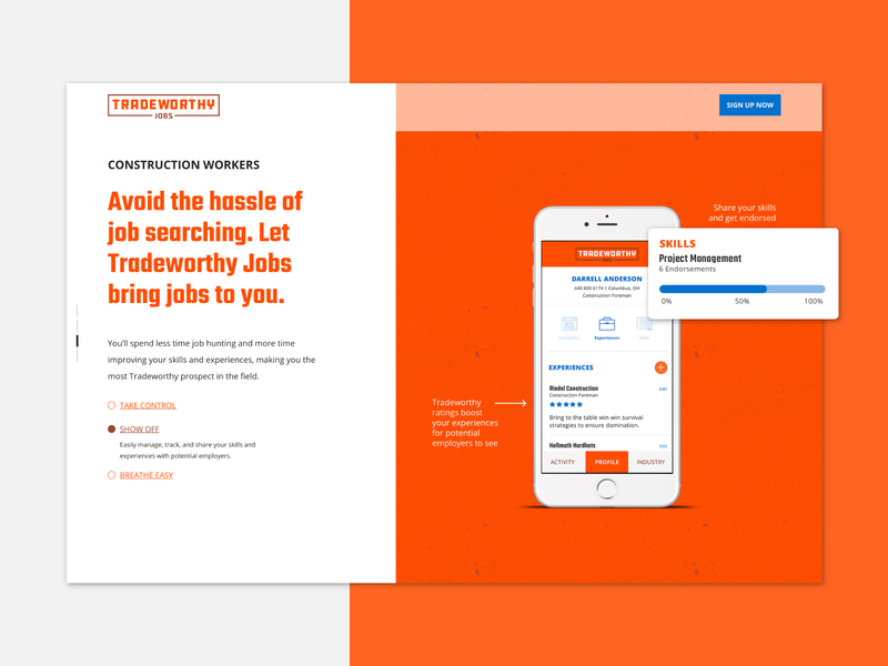 Tradeworthy Jobs Marketing Website app concept construction construction logo iphone jobs orange phone phone app rating resume workers
