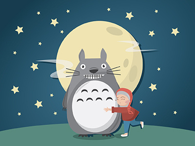 Totoro anime design flat design flat illustration gibli illustration moon night star totoro