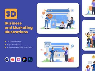 3D Business and Marketing Illustrations 3d branding business design digital graphic design icons illustration marketing startup ui ux
