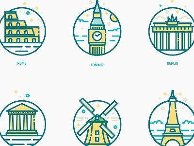 Trendy Line Icons of Monuments and Buildings amsterdam athens berlin building icon line london monument paris place rome