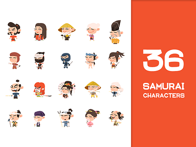 36 Samurai Characters anime avatar cartoon character cute geisha japan japanese ninja samurai sumo