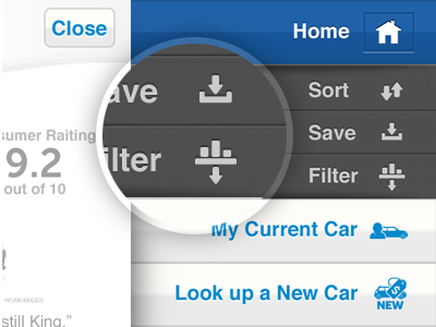 Menu Kbb app auto buttons filter icon interface ios iphone menu mobile nav raiting save slide sort ui