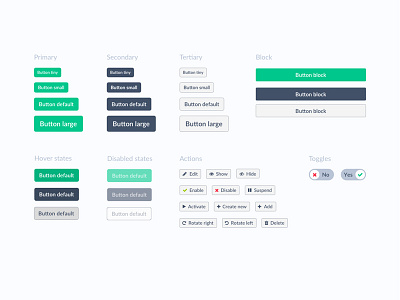 Buttons Everywhere actions button button states flat green guidelines navy pattern library styleguide toggle ui