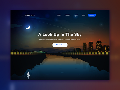 Landing Moonfever city cityscape gradients illustration landing landing page design logo moon reflection river sky sunset vector art webdesign