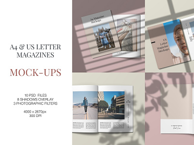 A4 and US Letter Magazines Mock-Ups a4 magazine magazine mockup mockup creator mockup design photographic shadow type us letter magazine