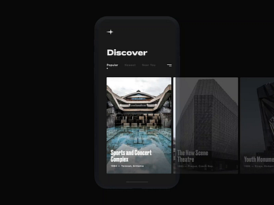 Post-Soviet Architecture Pt. 1 animation architecture black on black browse concept dark hamburger home screen interactions ios minimal minimalism mobile app photography socialist modernism soviet typography ui urban design ux