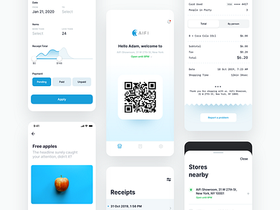 AiFi Shopping Experience aifi credit card design detail filter groceries ios app list location payment qrcode receipt shop shopping technology ui ux welcome screen