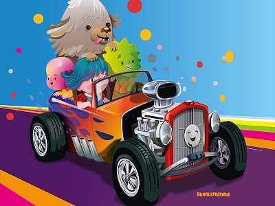 Hotrod bubblefriends car chrome dog illustration oldtimer vector rainbow ride