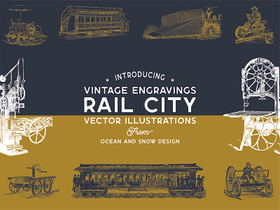 Rail City | Vintage Vector Illustrations city creative market engravings eps gold illustration industry introducing machines rail railcar scan style svg trains vector vintage badge vintage design