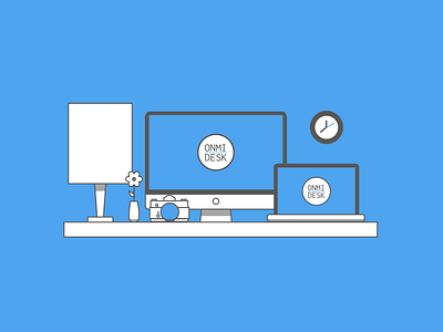 Desk Illustration blue branding camera clock computer design desk flower icon illustration lamp laptop logo vector website