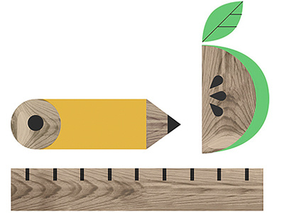 A B C 1 2 3 apple geometric illustration pencil ruler school woodgrain