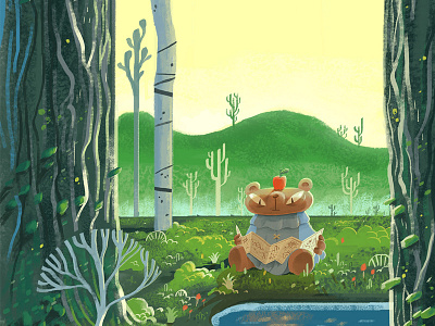 Checking the Map background design bear cartoon character digital painting forest photoshop vis dev visual developement