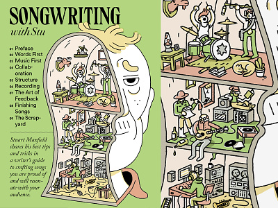 Songwriting with Stu (cover) cartooning cartoons cover drawing editorial illustration illustration typography