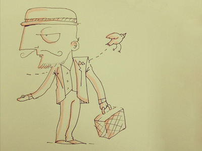 Traveling Sales-man hand drawn mustache pen put a bird on it sales man sketch