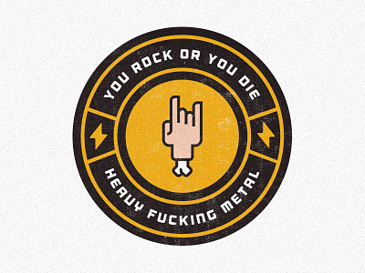 Rock or Die badge black bone circle hand heavy metal illustration lightning yellow