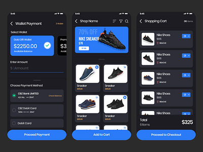 E-commerce Mobile App adobe xd black and blue black themes app cart screen dark theme design e commerce app figma graphic design home page home screen nike online shopping app shoes app shopping ui ux