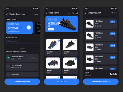 E-commerce Mobile App adobe xd black and blue black themes app cart screen dark theme design e commerce app figma graphic design home page home screen nike online shopping app shoes app shopping ui ux