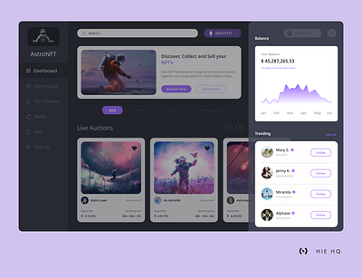 NFT Marketplace Dashboard astronaut astronauts crypto dark dark mode dashboard design dribbblers etherium finance fintech marketplace nft purple ui ux web design websiteui