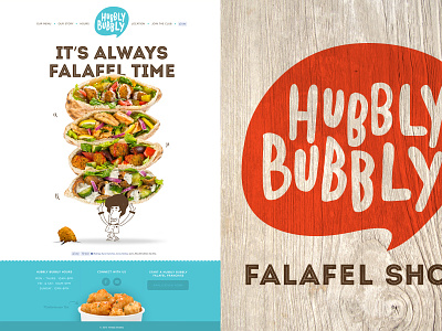Hubbly Bubbly Falafel Shop baby blue branding bubble character colorful falafel food homepage inline logo photography poppy red restaurant tater tots type wood