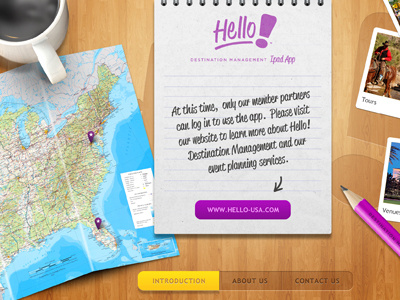 Hello! Intro app buttons coffee map notepad pencil table ui wood texture