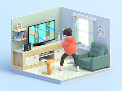 Morning exercises at home animal crossing animation book c4d cabinet cat characters cinema4d design fitness home light living room low poly nintendo stool switch window