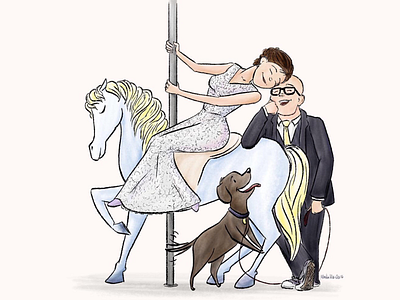 Stephanie, Jarrod, & Gracie anniversary commission illustration pets wedding