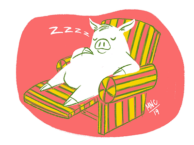 Revisited Stay Home Pig character design illustration mid century nap piggy retro sleep vintage