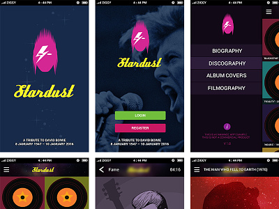 A Tribute to David Bowie, App Design #1 design illustrator. app interface