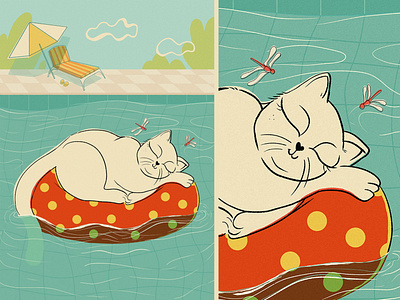 Cat nap in a pool animal cat childrens books clip studio paint clouds design digital art dragon fly hot day illustration nap painting pet polka dots pool relaxing sleeping summer sun vacation