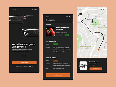 Drono Delivery, dark mode app dark mode delivery design figma logistics ui ux